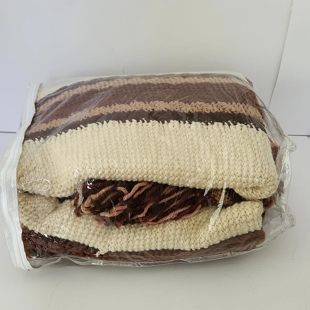Vintage Afghan with Fringe Hand Made Earthy Colors Boho